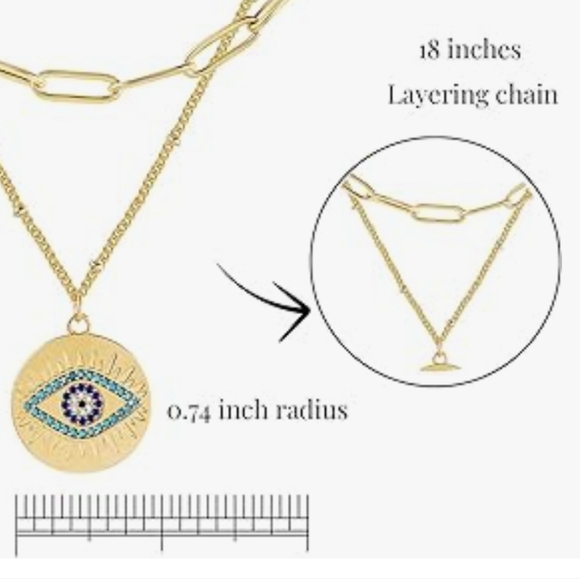 18k Gold Evileye Medallion Paperclip Double Chain Choker Necklace NWT - Picture 3 of 3